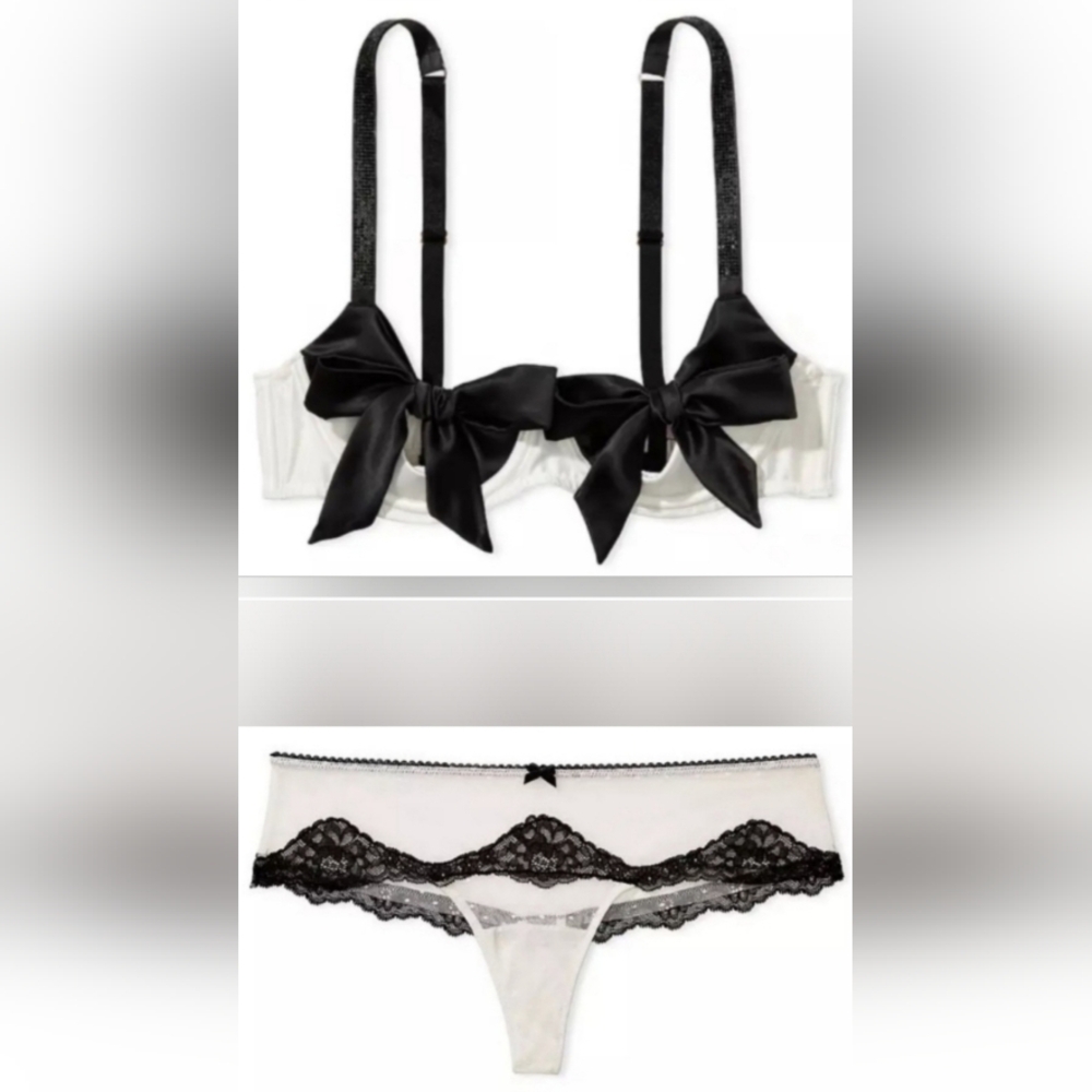 M/M VS Shine Strap Peekaboo Balconette Bra Dotted Mesh Thong Panty Set